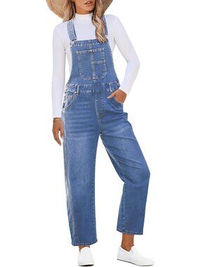 Women's Lakeside Blue Loose Fit Jean Overall Bib Denim Jumpsuits with Pockets